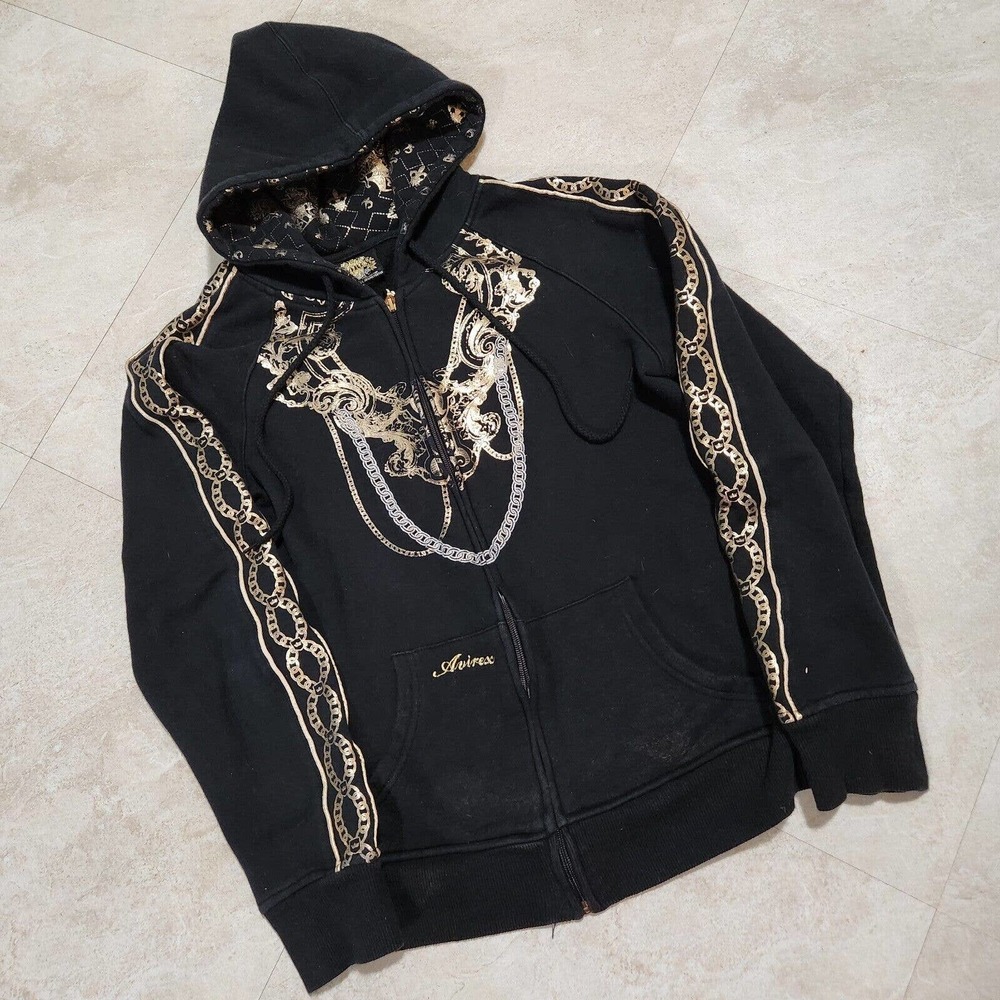 Avirex Womens M Medium Black Gold Full Zip Sweatshirt Hoodie Chains Streetwear